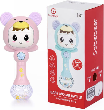 Fidtoy hochet de dentition musical lumineux pour bébé – Hochet sensoriel rose avec lumières, sons, anneau de dentition et jeu d'éveil