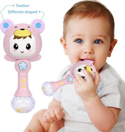 Fidtoy hochet de dentition musical lumineux pour bébé – Hochet sensoriel rose avec lumières, sons, anneau de dentition et jeu d'éveil