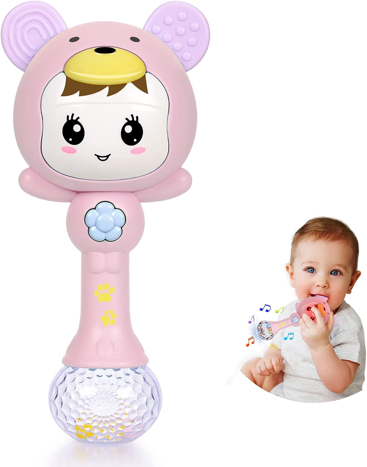 Fidtoy hochet de dentition musical lumineux pour bébé – Hochet sensoriel rose avec lumières, sons, anneau de dentition et jeu d'éveil