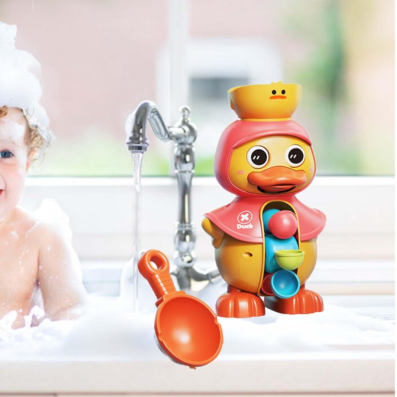 Juguete de baño Fidtoy de pato para niños pequeños – Juego interactivo de agua con noria giratoria