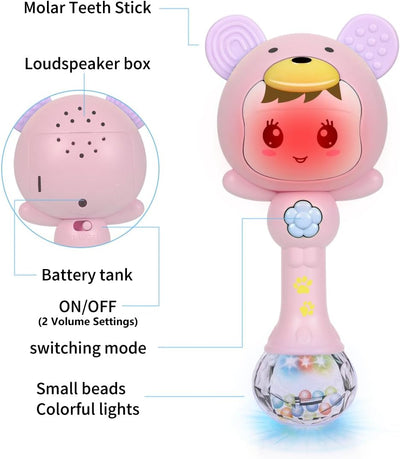 Fidtoy hochet de dentition musical lumineux pour bébé – Hochet sensoriel rose avec lumières, sons, anneau de dentition et jeu d'éveil