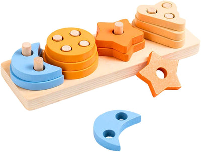 Fidtoy Colonne de Tri en Bois Étoile et Croissant Montessori Jouet d'Empilage Trieur de Formes pour Tout-Petits
