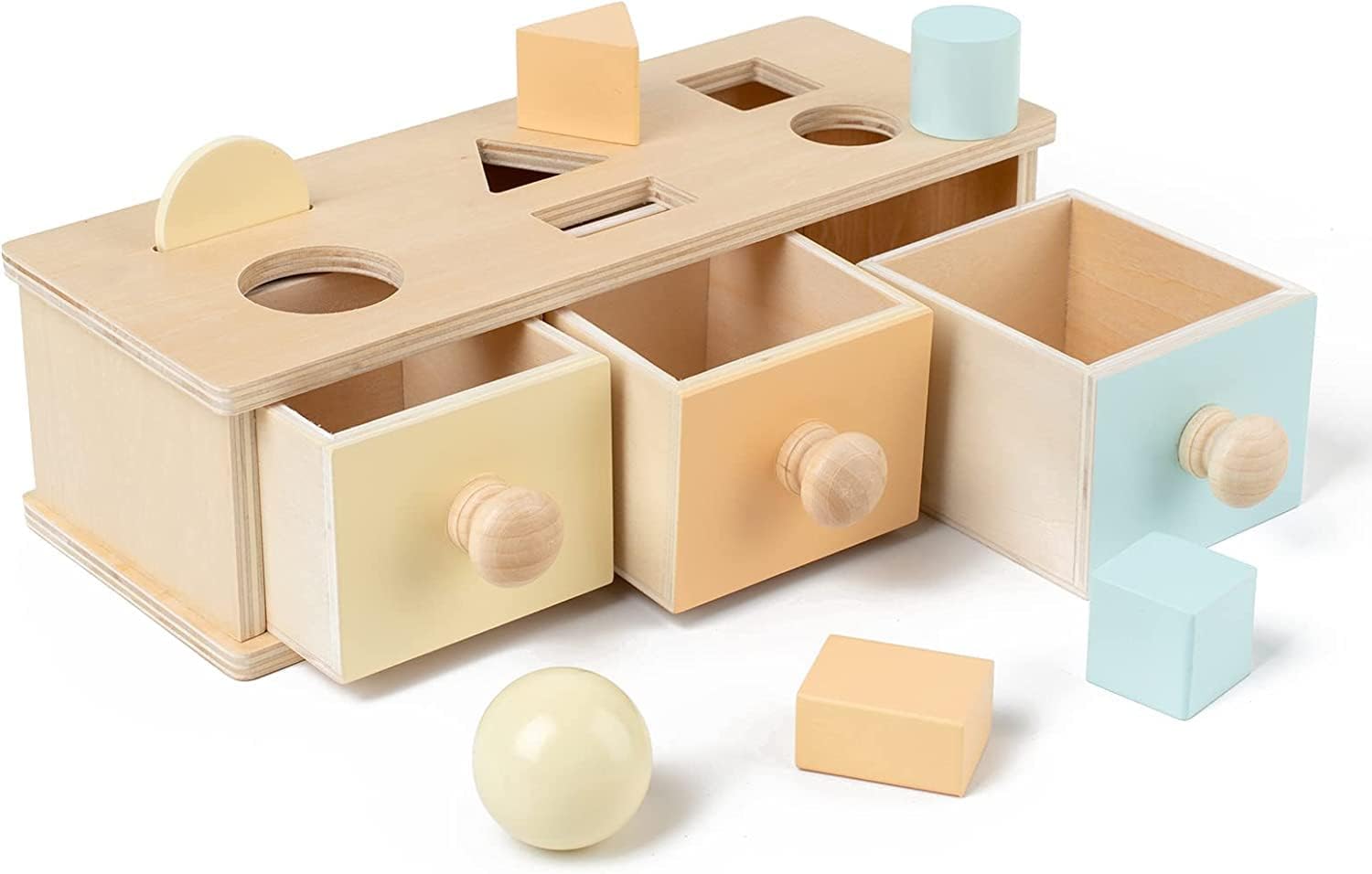 Fidtoy Shape Sorter and Object Permanence Montessori Box for Kids Ages 3+, Wooden Shape Sorting Box with Color Matching, Object Permanence Play, Hand-Eye Coordination and Fine Motor Learning