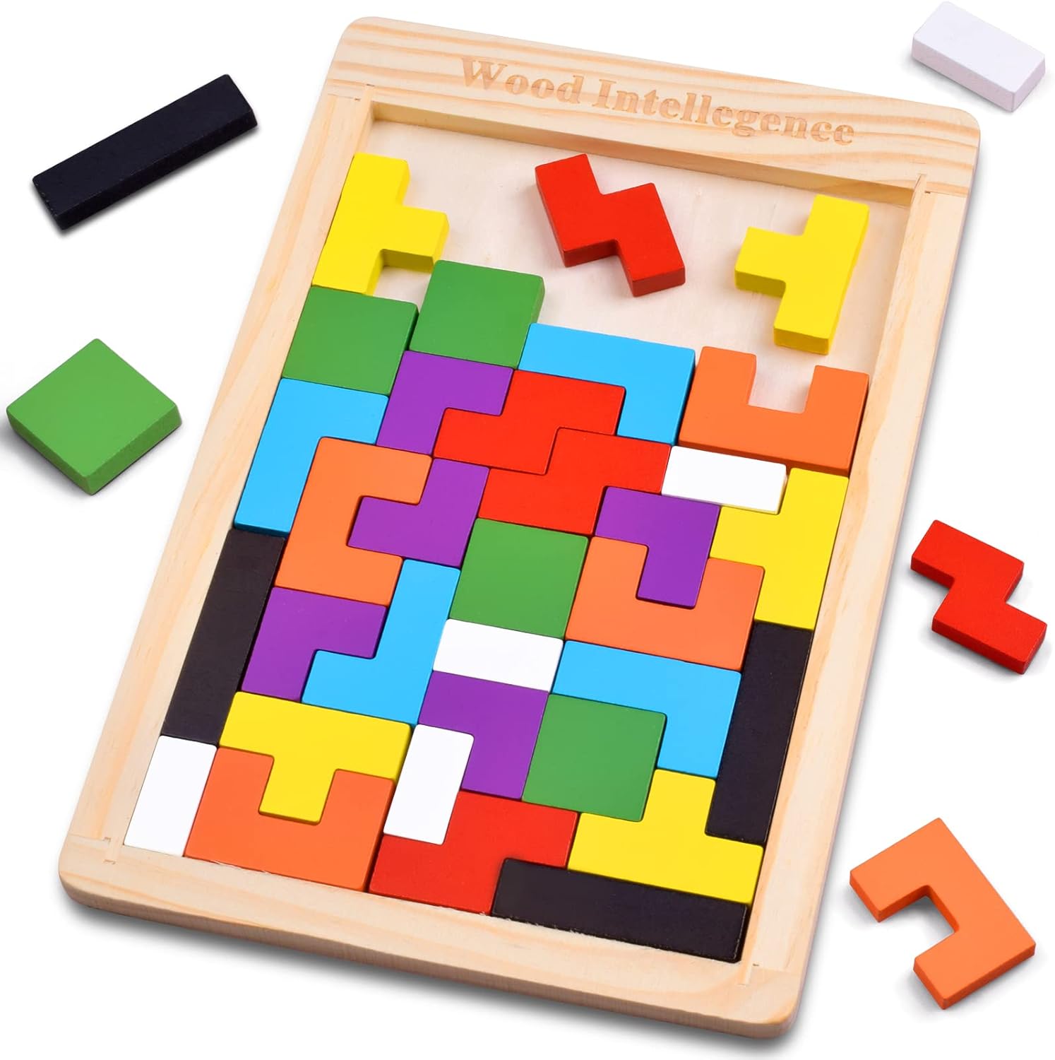 Fidtoy Casse-tête en Bois Blocs Russes, 40 Pièces Jeu de Construction en Bois Type Tetris avec Plateau, Tri de Formes Colorées Casse-tête pour le Raisonnement Spatial et la Création de Motifs, Âge 3 ans et plus