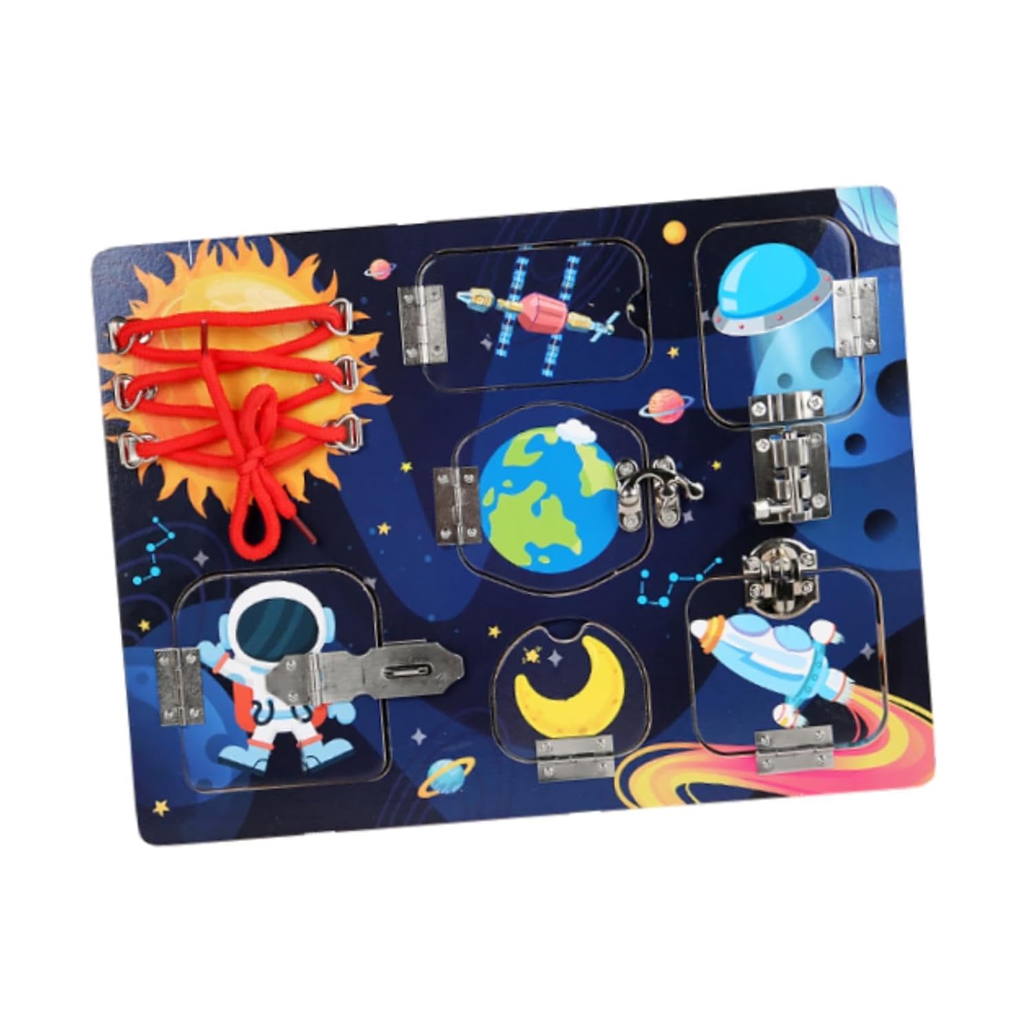 Haz clic para ver la vista completa de la tabla de actividades sensoriales ATORSE Wood Busy Board para niños y niñas, regalo de cumpleaños, temática espacial