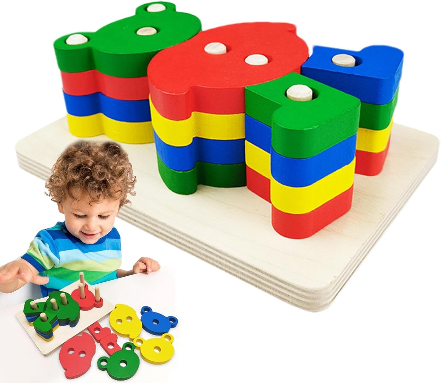Fidtoy Cartoon Animal Shape Column Wooden Puzzle for Kids, Bear Wooden Sorting and Stacking Toy, Fine Motor Shape Matching Puzzle Age 3+