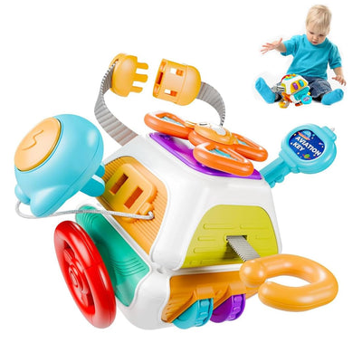 Fidtoy Cube d'activités Montessori 10 en 1, cube d'activités sensoriel en plastique avec 10 panneaux d'activités, jouets rotatifs, volant, clés à assortir et interrupteurs, pour les 6 mois et plus