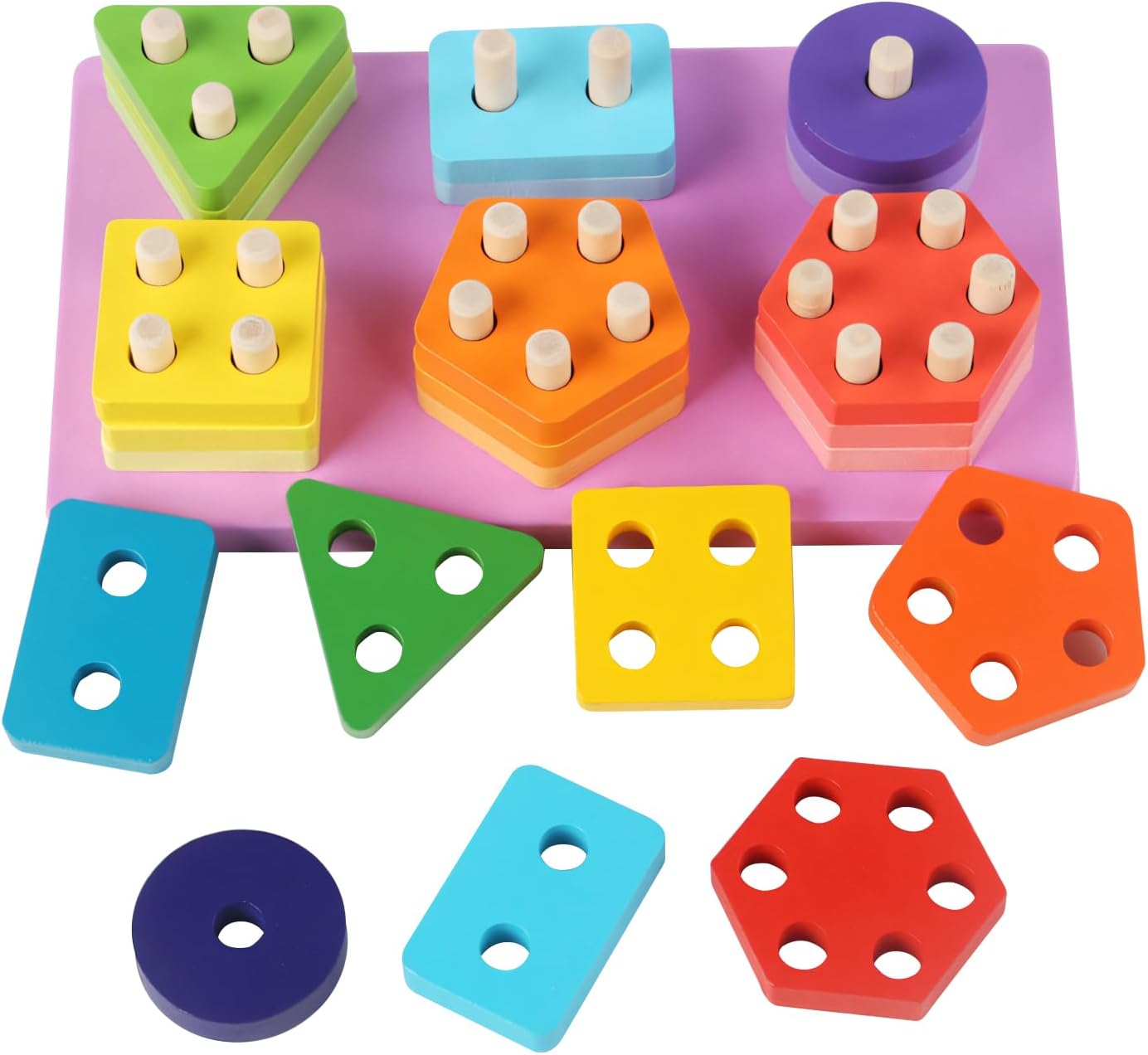 Blocs de construction en bois et six jeux de colonnes - 60A