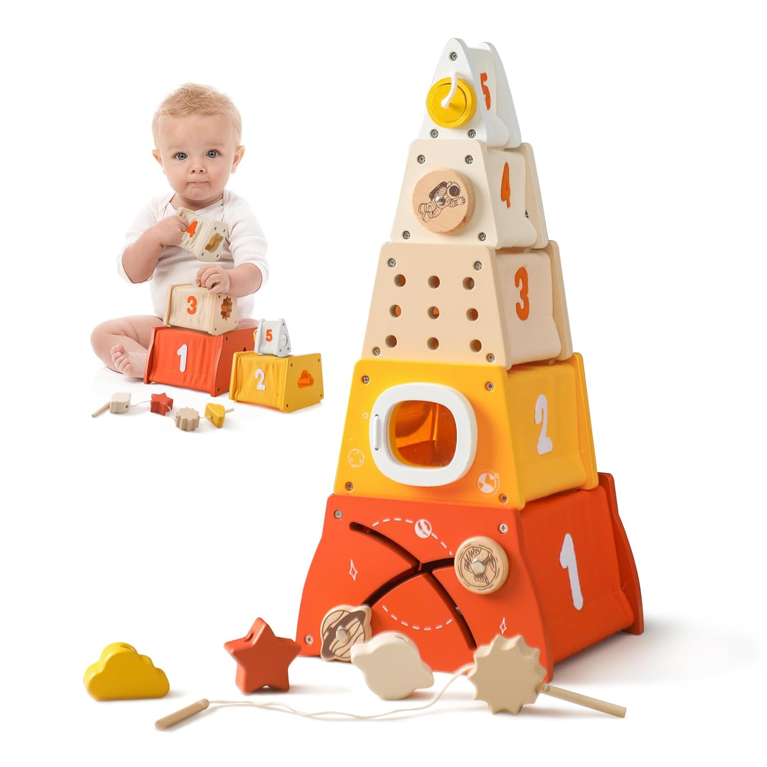 Fidtoy Wooden Stacking Nesting Toy Montessori Stacking Blocks for Toddlers Color Sorting Balance Learning Toy Fine Motor Skills Educational Gift