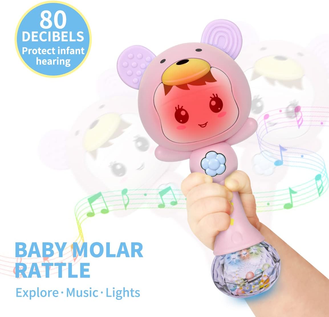 Fidtoy hochet de dentition musical lumineux pour bébé – Hochet sensoriel rose avec lumières, sons, anneau de dentition et jeu d'éveil