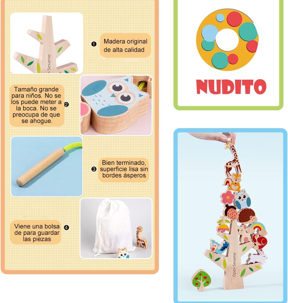 NUDITO Montessori Educational Toy for Children. Wooden Educational Toy for Boys and Girls. Wooden Stacking Blocks for Kids. Pull-Along Toy for Children.