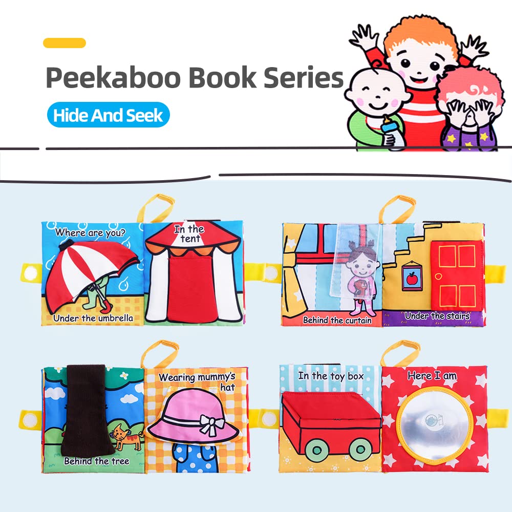 Jollybaby Libros de Tela para Bebés Peek-a-boo, Libro Suave con Sonido y Texturas para Bebés, Niños Pequeños, Juguetes Interactivos para Cochecito para el Desarrollo Temprano (Escondite)