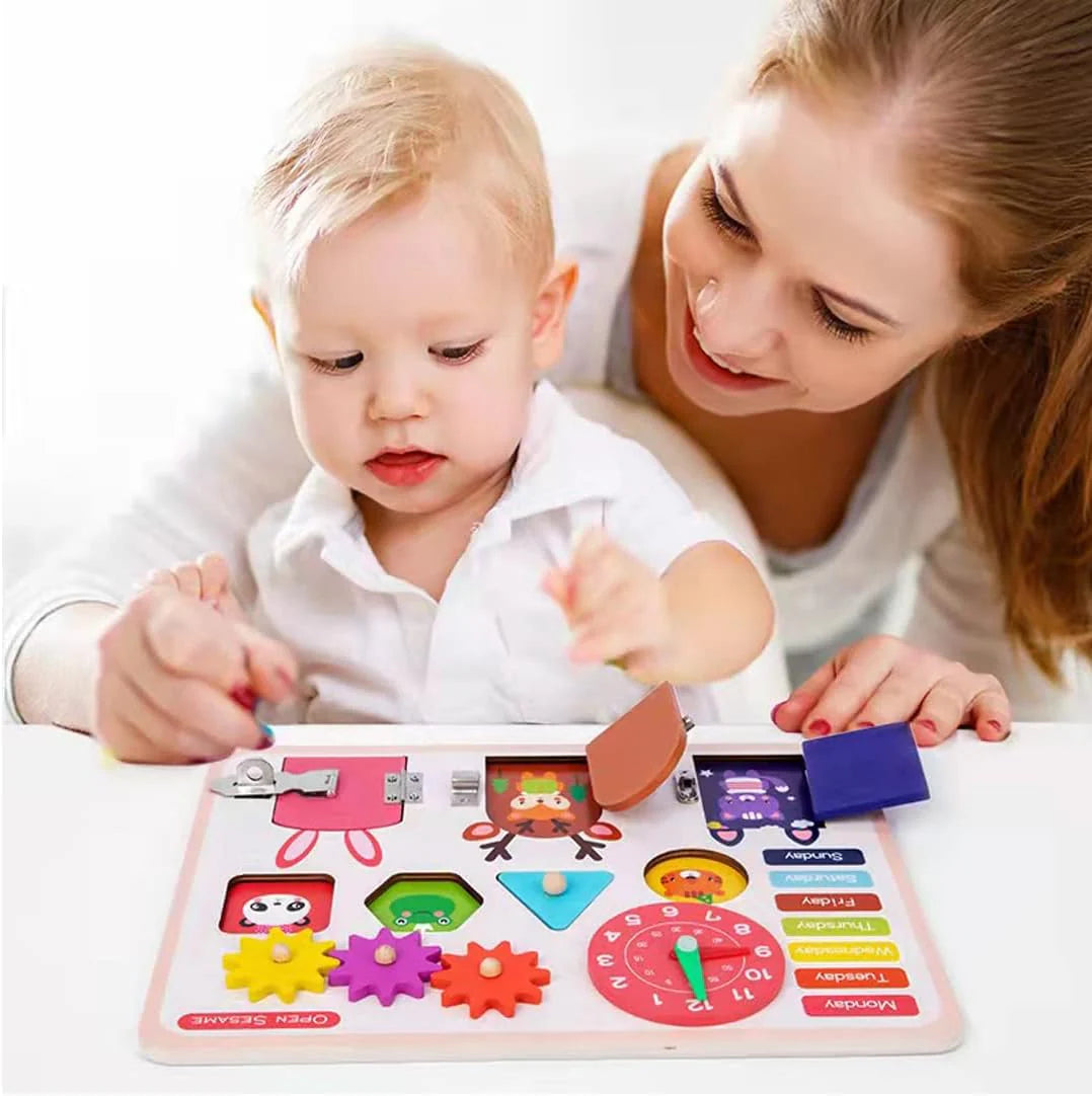 Fidtoy Tablero de Actividades de Madera con Cerraduras, Reloj y Puzles de Formas