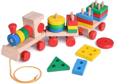 Tren de juguete apilable de madera Fidtoy para que los niños pequeños aprendan jugando