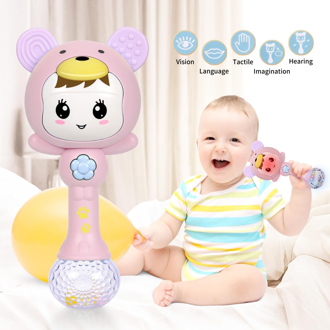 Fidtoy hochet de dentition musical lumineux pour bébé – Hochet sensoriel rose avec lumières, sons, anneau de dentition et jeu d'éveil