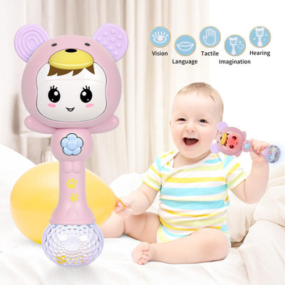 Fidtoy hochet de dentition musical lumineux pour bébé – Hochet sensoriel rose avec lumières, sons, anneau de dentition et jeu d'éveil