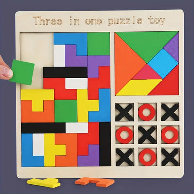 Fidtoy 3-in-1 Wooden Brainstorming Tetris and Number Learning Board for Kids, Wooden Puzzle Board with Block Puzzle, Tangram and Tic-Tac-Toe, Fine Motor and Strategy Toy Age 2–6