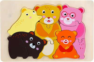 Fidtoy Puzzle 3D en bois d'animaux pour tout-petits, planche de puzzle d'association d'ours de dessin animé, jouet d'apprentissage pour la motricité fine et la reconnaissance des animaux