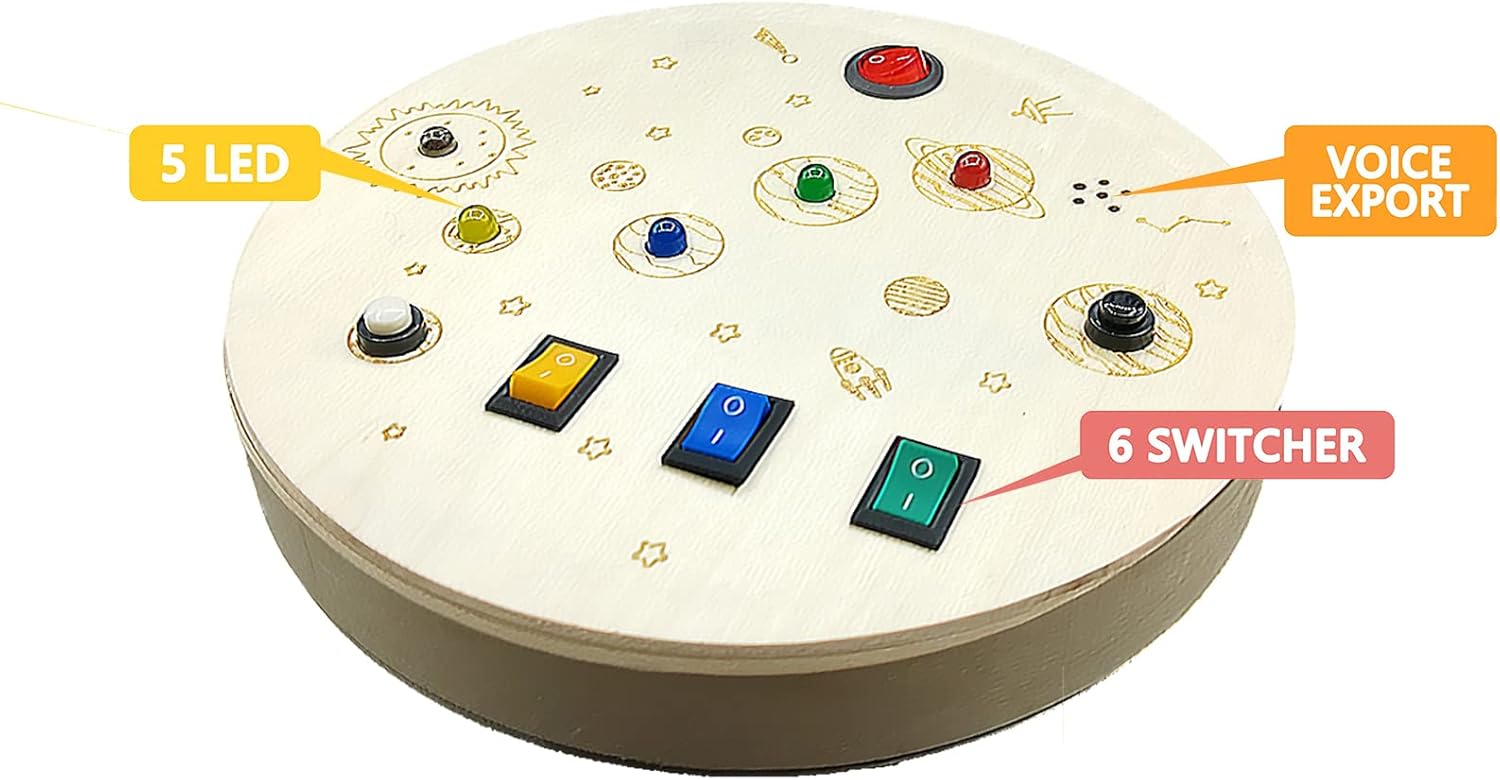 RGWOW Juguetes Montessori Busy Board para niños de más de 3 años. Juguetes sensoriales para niños pequeños, juguetes de viaje de madera con botones LED luminosos y sonido, juguetes de aprendizaje (círculo de color)