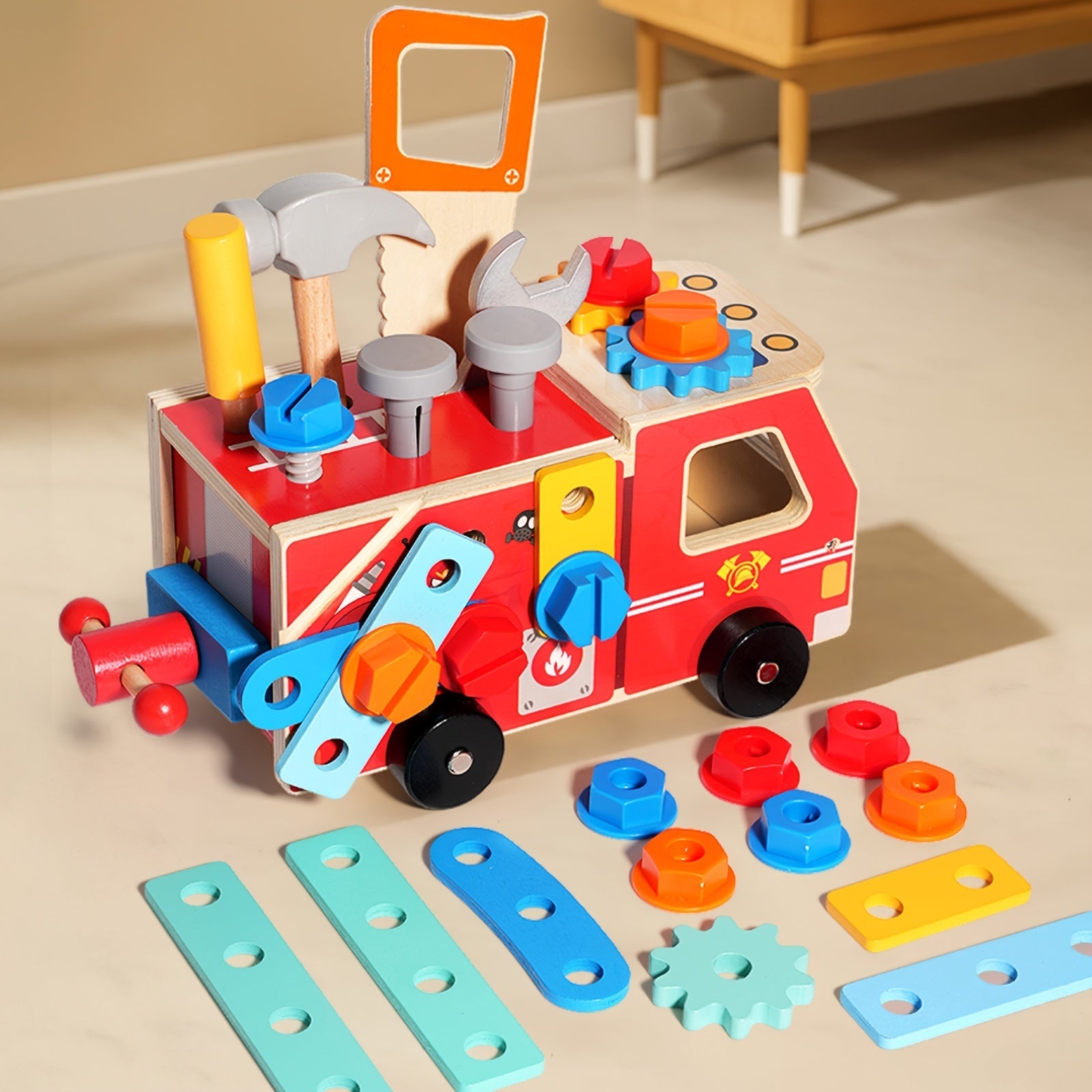 Fidtoy Camion de pompier en bois à assembler | Apprentissage STEM et jeu d'imitation pour les tout-petits