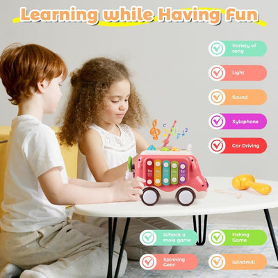 Fidtoy 6-in-1 Multiple Activity and Learners Car for Toddlers, Musical Activity Bus Toy with Xylophone, Gears, Fishing Game and Music Mode Age 18M+