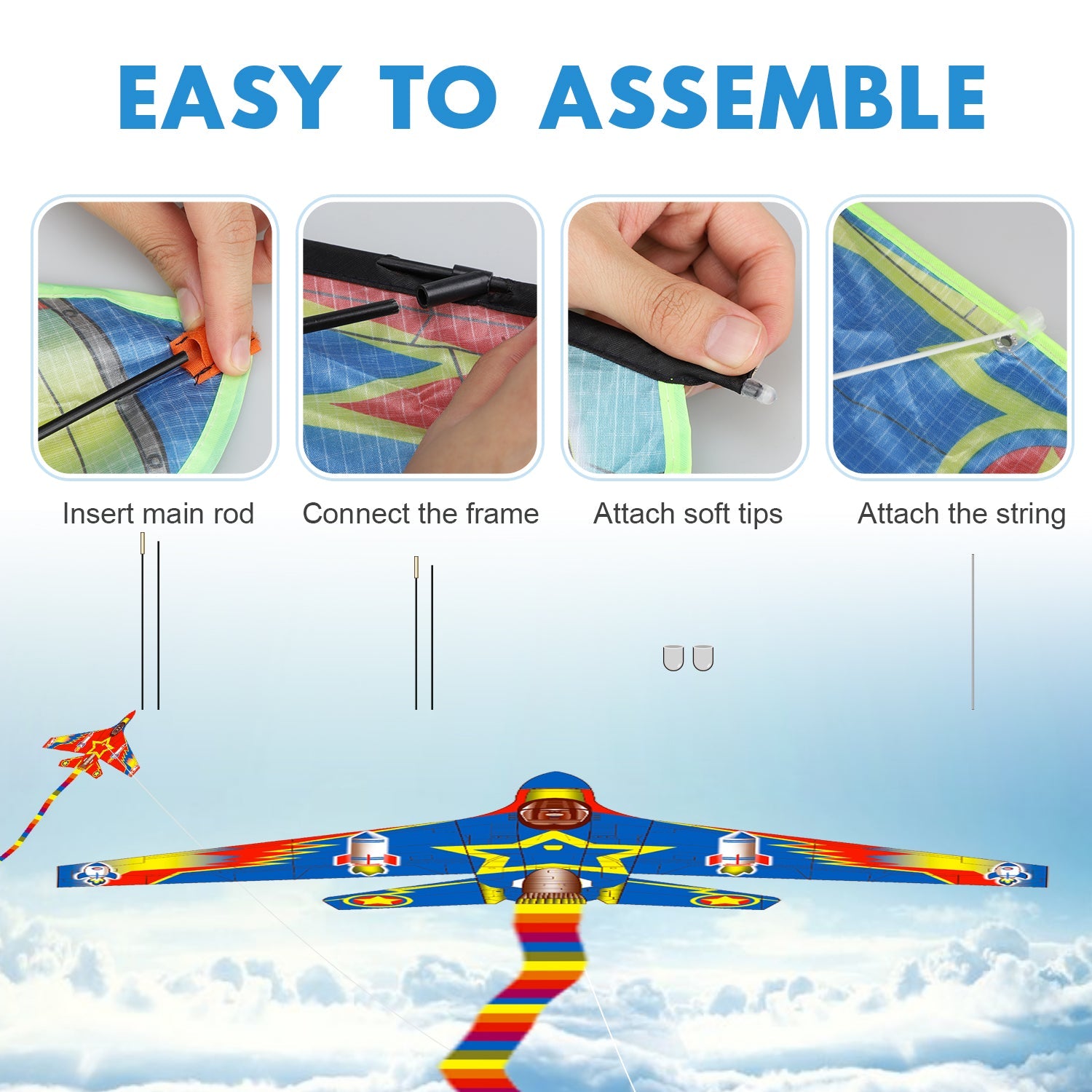 Fidtoy Ensemble cerf-volant avion de chasse pour enfants avec 2 poignées faciles à prendre en main