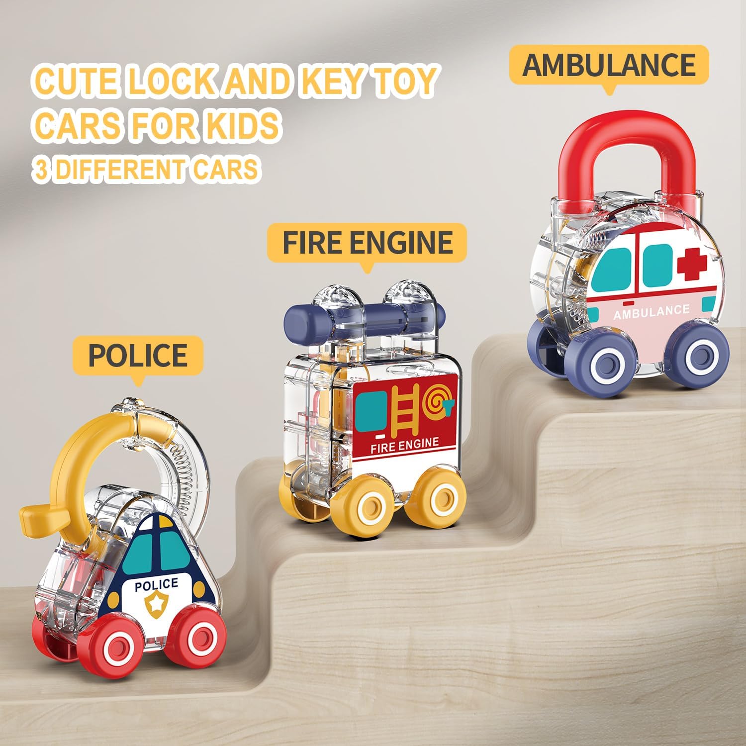 Fidtoy Transparent Transport and Shape Recognition Lock and Key Set 3 Pieces | Plastic Vehicle Unlocking Toy, Color Matching Cars, Fine Motor Skills, Shape Recognition & Pretend Rescue Play Age 3+