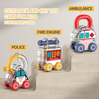 Fidtoy Transparent Transport and Shape Recognition Lock and Key Set 3 Pieces | Plastic Vehicle Unlocking Toy, Color Matching Cars, Fine Motor Skills, Shape Recognition & Pretend Rescue Play Age 3+