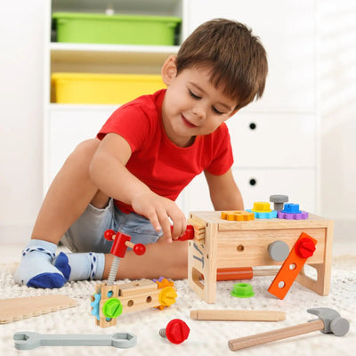 Fidtoy Juego de herramientas de madera para niños, 30 piezas, juguete de construcción para juegos de imitación para niños pequeños