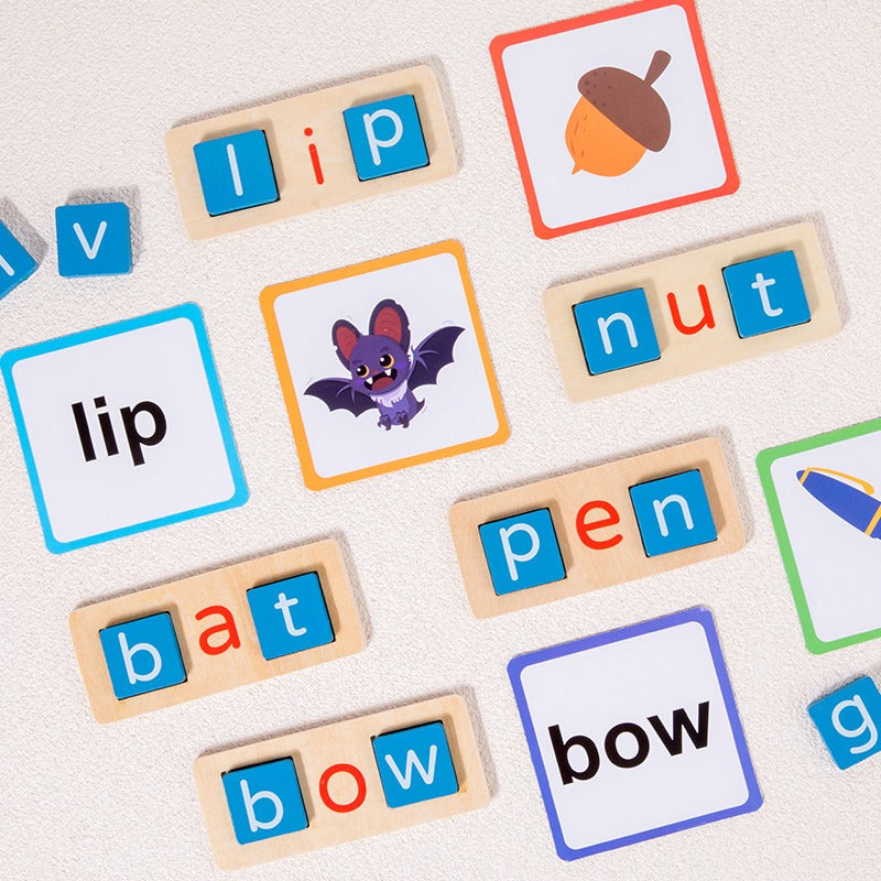 Fidtoy Sight Words Flash Cards Kindergarten Wooden Reading Blocks, 60 Double-Sided CVC Word Cards with Wooden Letter Blocks, Alphabet Spelling Game for Early Reading and Classroom Literacy Play