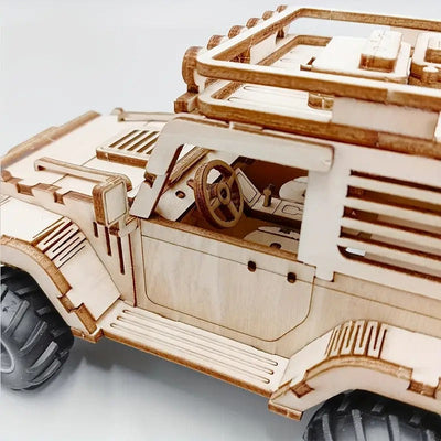 Fidtoy 3D Wooden Mechanical Jeep Pull Back Puzzle 125 Pieces, Wooden SUV Model Building Kit for Teens Adults Beginners Ages 14+