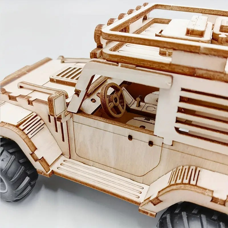 Fidtoy 3D Wooden Mechanical Jeep Pull Back Puzzle 125 Pieces, Wooden SUV Model Building Kit for Teens Adults Beginners Ages 14+