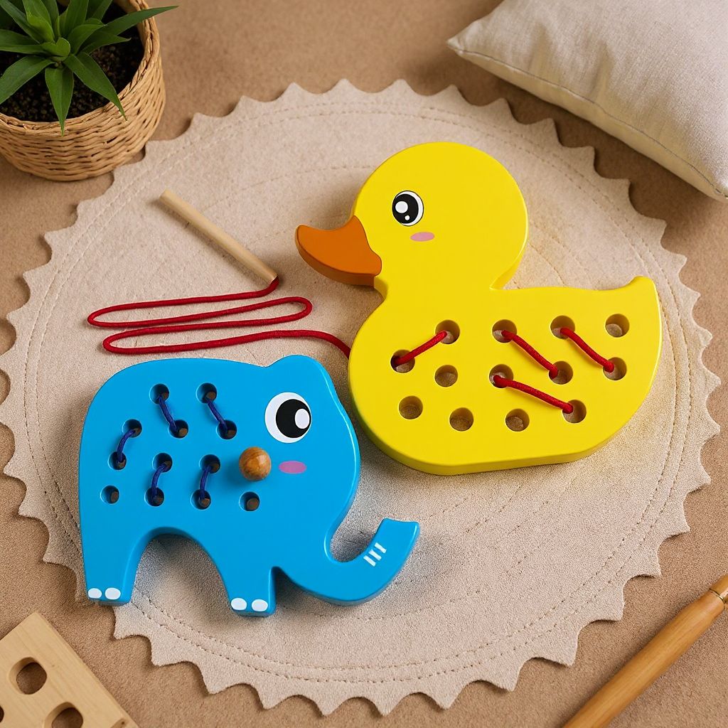 Set d'enfilage canard et éléphant en bois