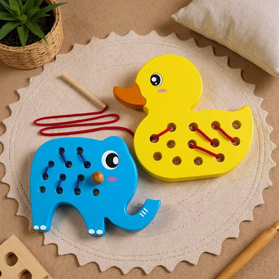 Set d'enfilage canard et éléphant en bois