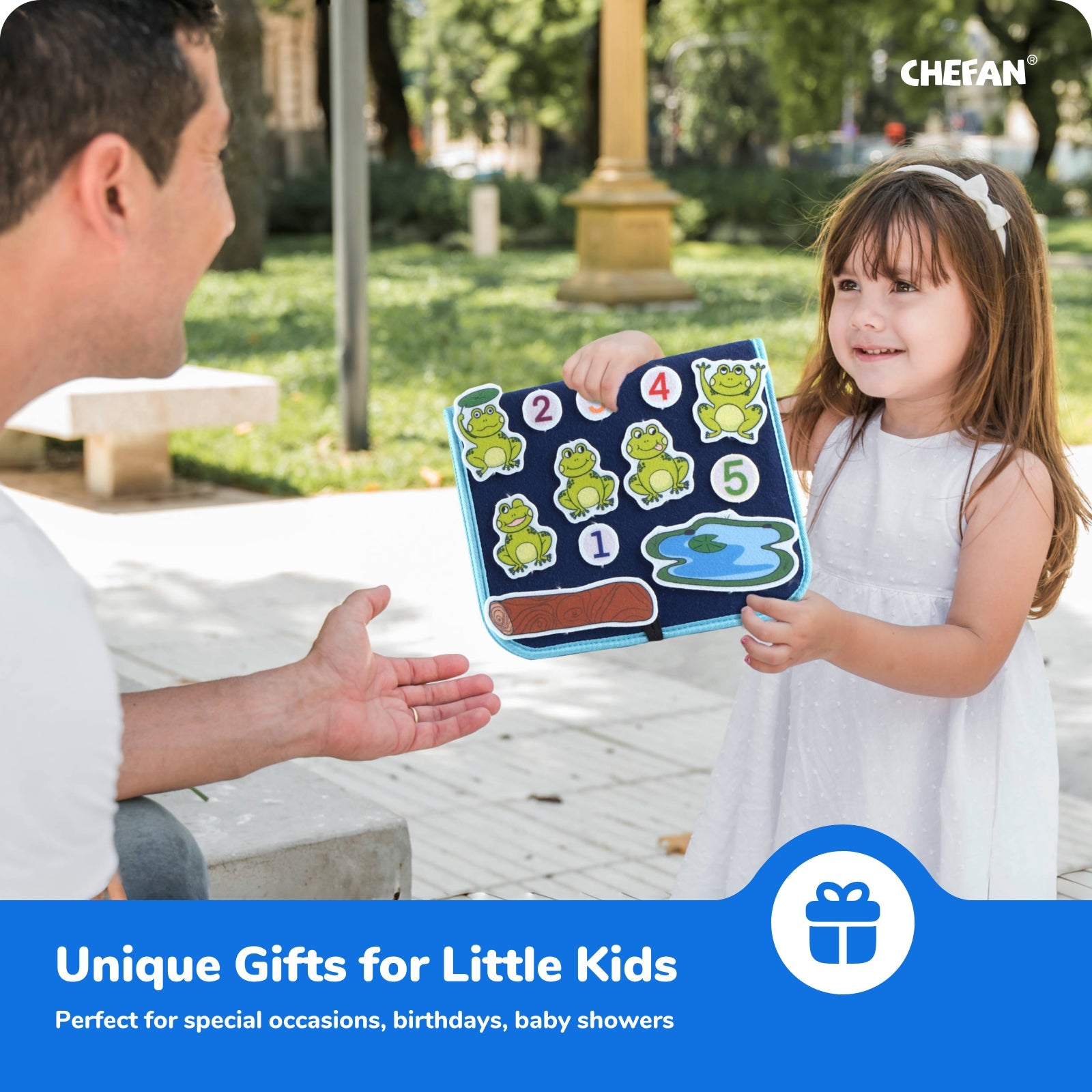 CHEFAN Tablero de fieltro para niños pequeños, tablero de franela para contar historias con piezas de fieltro de 5 patitos, 5 monitos y 5 ranitas verdes para actividades preescolares, 4 juegos