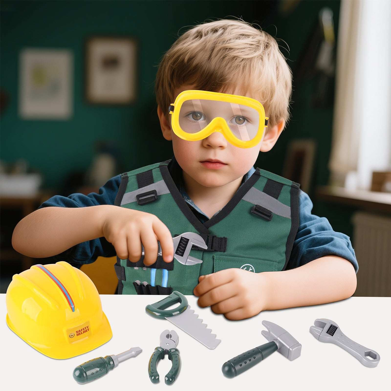 Ensemble de déguisement de construction pour jeu de rôle – Gilet de constructeur réaliste, casque de sécurité, outils et accessoires de jouet – Kit de jeu de simulation STEM pour garçons et filles de 3 ans et plus – Cadeau déguisement