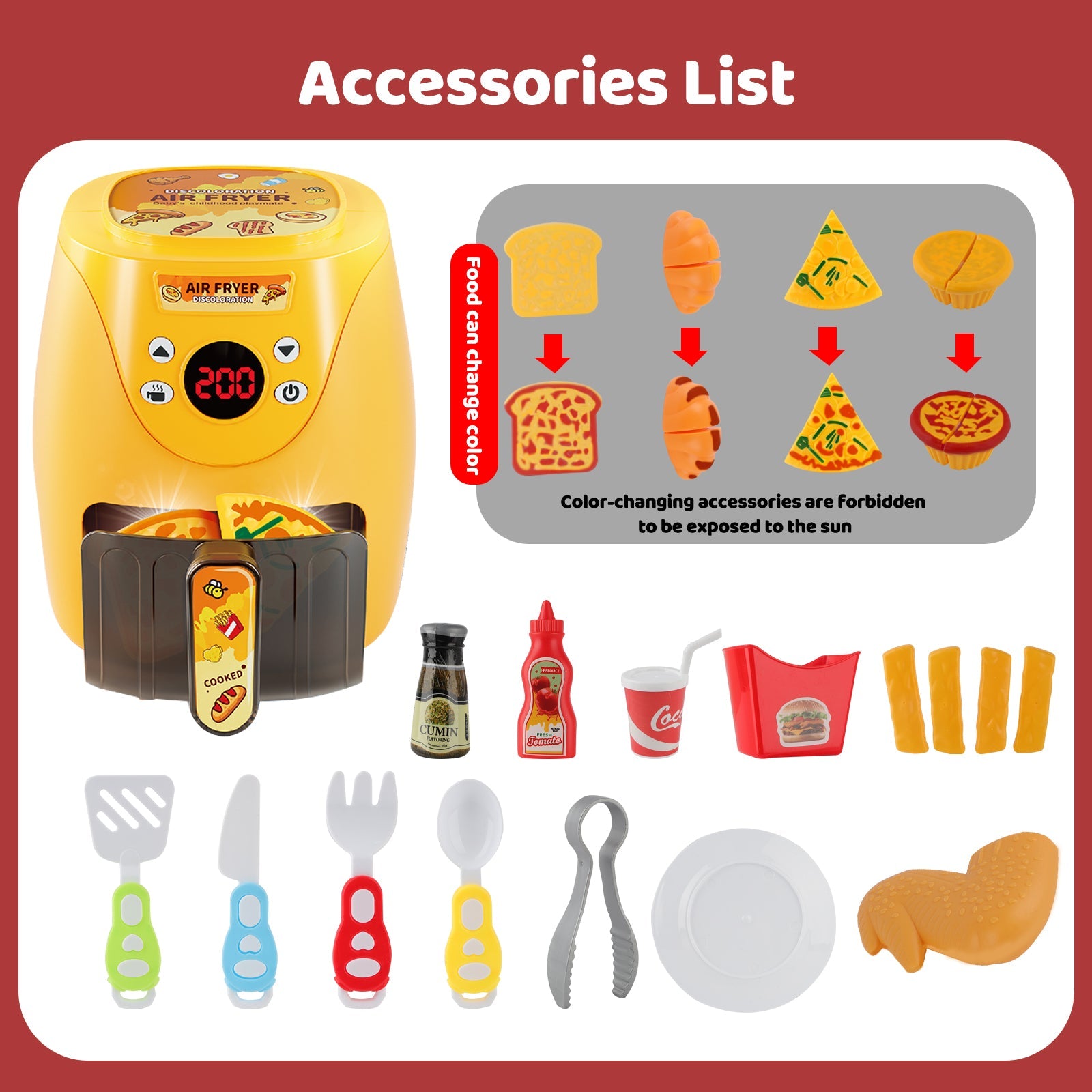 Juego de cocina Freidora de aire para niños, juguete de cocina de simulación con accesorios de cocina, luces y sonidos realistas y comida de juguete
