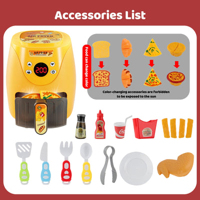 Juego de cocina Freidora de aire para niños, juguete de cocina de simulación con accesorios de cocina, luces y sonidos realistas y comida de juguete