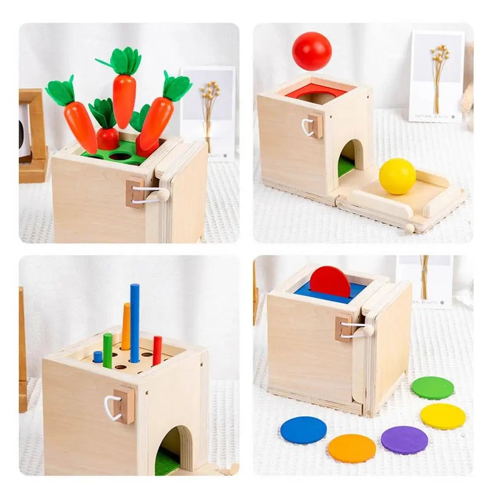 Fidtoy 6-in-1 Montessori Early Education Intelligence Multi-functional Box for Toddlers, Object Permanence Learning Box with Coin Matching, Carrot Pulling, Bug Catching and Clock Learning
