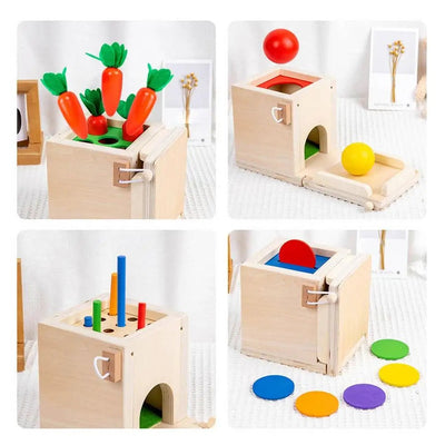 Fidtoy 6-in-1 Montessori Early Education Intelligence Multi-functional Box for Toddlers, Object Permanence Learning Box with Coin Matching, Carrot Pulling, Bug Catching and Clock Learning