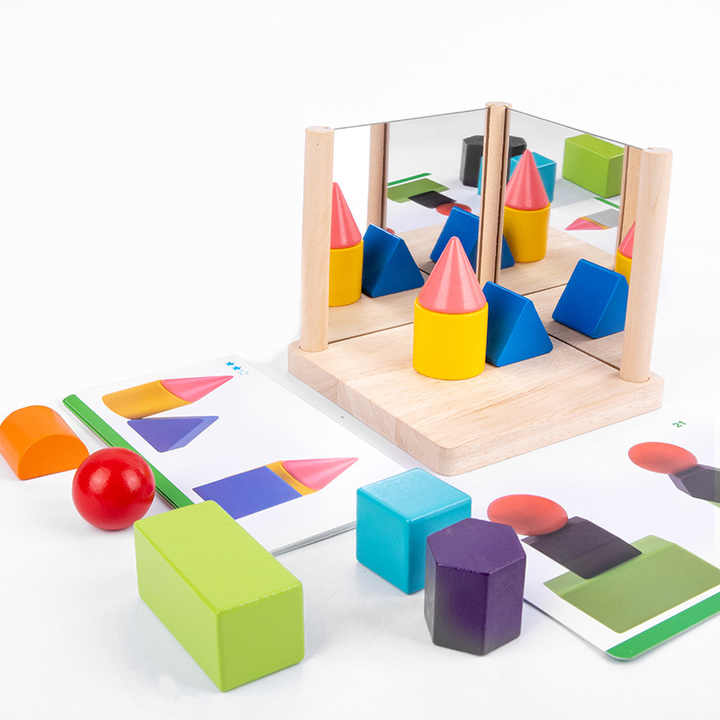 Fidtoy Mirror Wooden 3D Shape Pattern Blocks Montessori Geometry Puzzle Toy for Kids Spatial Learning Play