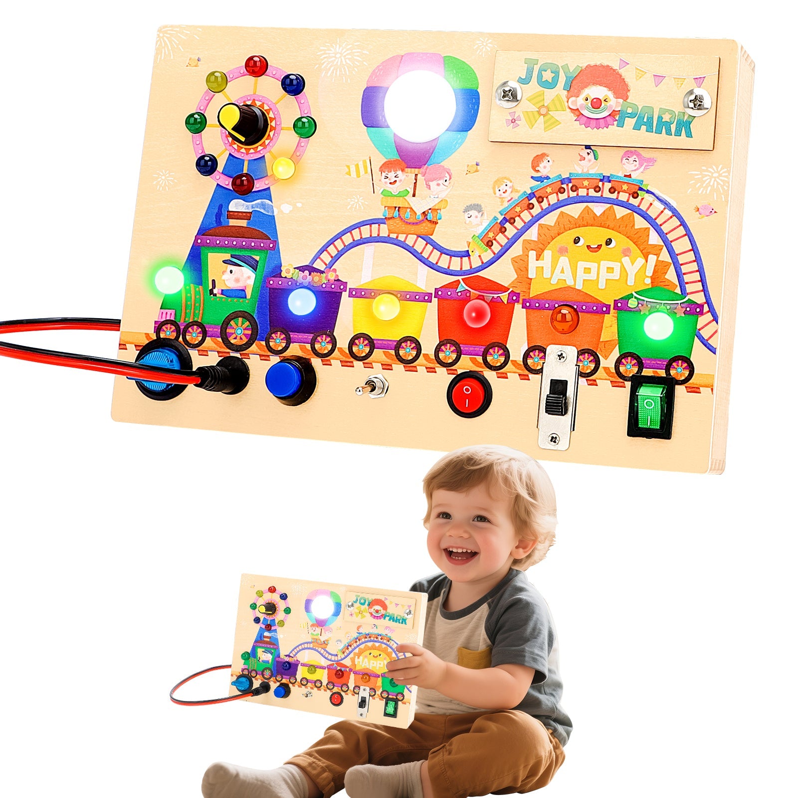 Fidtoy Montessori Busy Board de madera - Juguete sensorial iluminado para niños pequeños, juguete de aprendizaje de habilidades motoras finas para edades de 1 a 4 años, tabla de motricidad fina portátil para niños y niñas