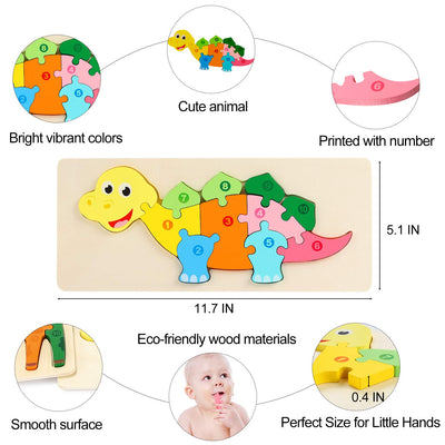 Fidtoy Puzzle en Bois 3D Dinosaure, Planche d'Animaux en Bois pour Tout-petits, Puzzle Dino Assorti pour la Maternelle, Jouet de Motricité Fine et de Reconnaissance des Couleurs pour les 2-6 Ans