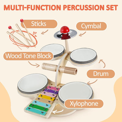 Fidtoy Ensemble d'instruments de percussion en bois pour enfants - Xylophone, Tambour, Cymbale