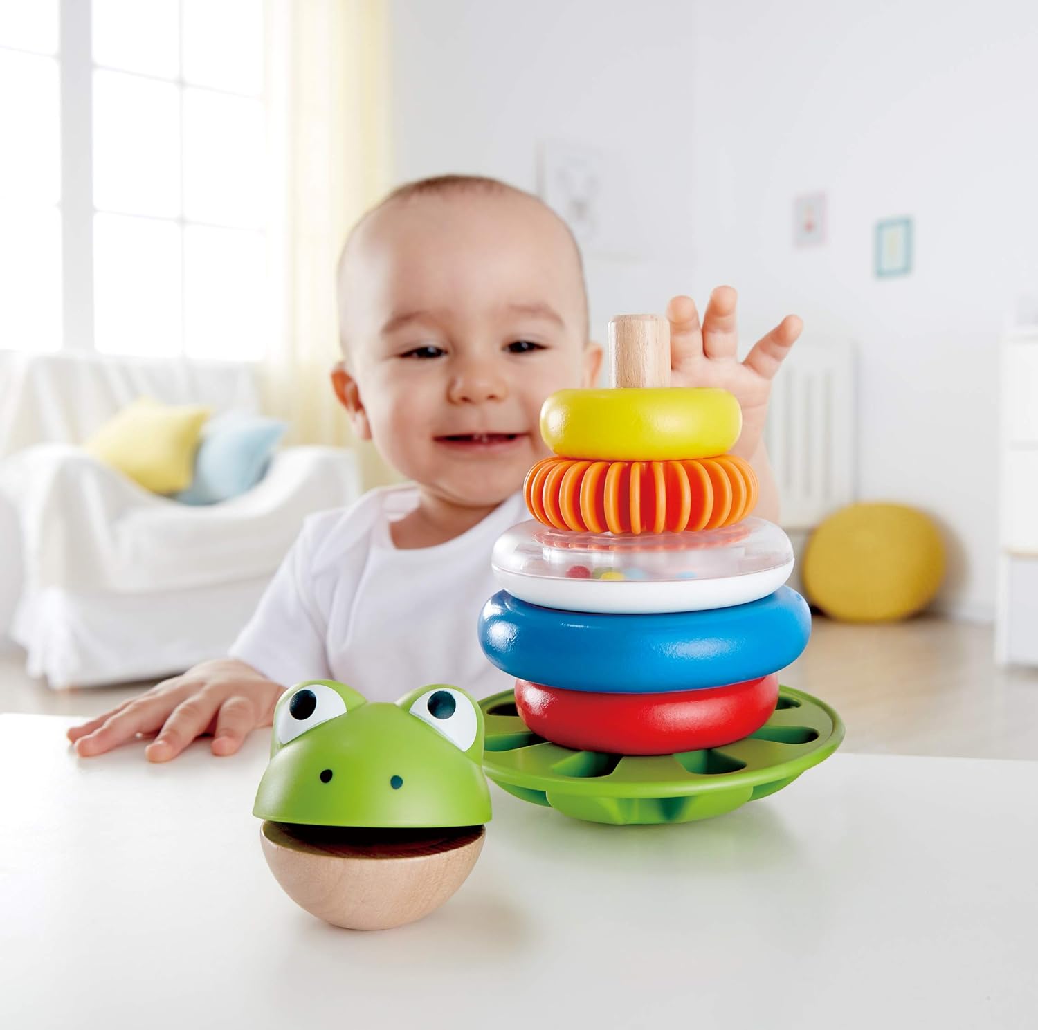 Fidtoy Jouet à empiler grenouille en bois avec base à bascule Jouet d'apprentissage