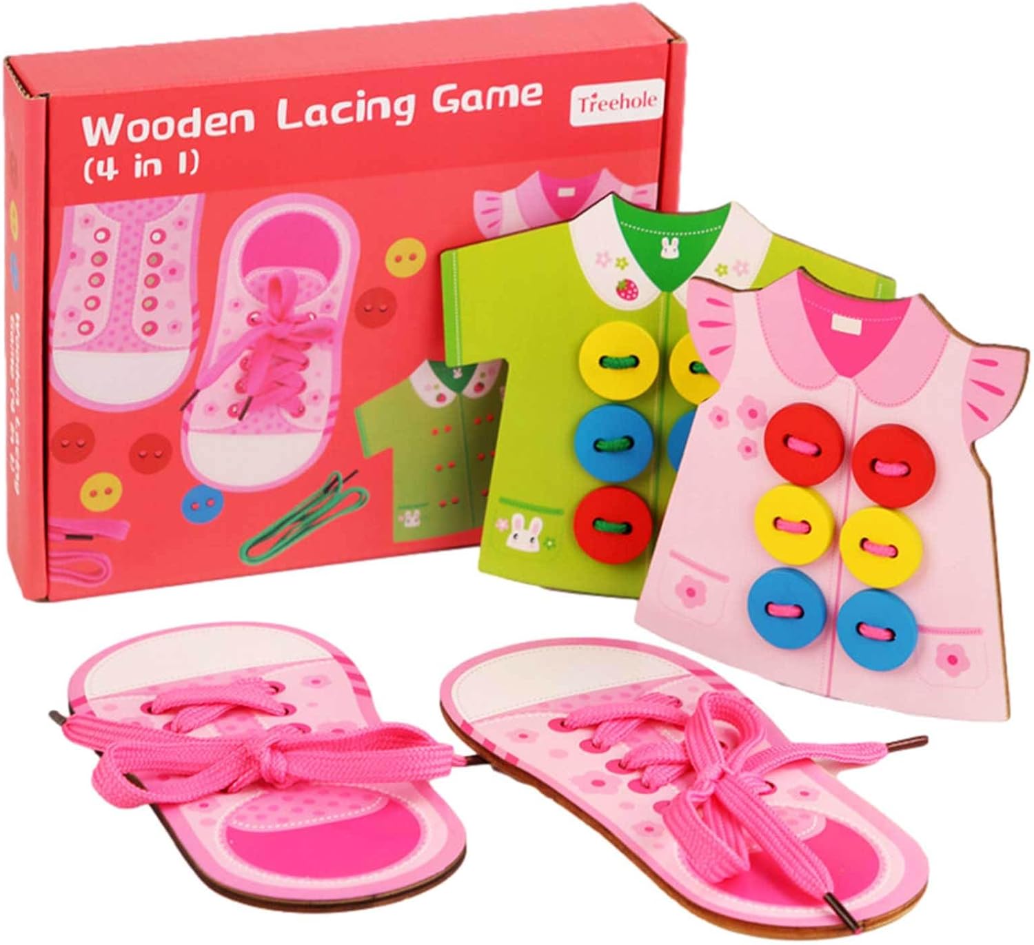 Juguete para practicar a atarse los zapatos | Juguete de madera para ensartar 4 en 1 | Juguete de enhebrado para coordinación mano-ojo, preescolar educativo, niñas, niños