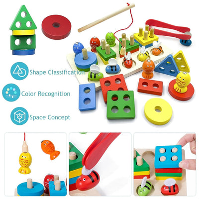 Fidtoy 3 en 1 Kit d'Activités Abeilles et Pêche Magnétique Formes à Colonnes, Jouet en Bois de Tri des Formes et de Développement de la Motricité Fine pour les Enfants de 2 à 6 Ans