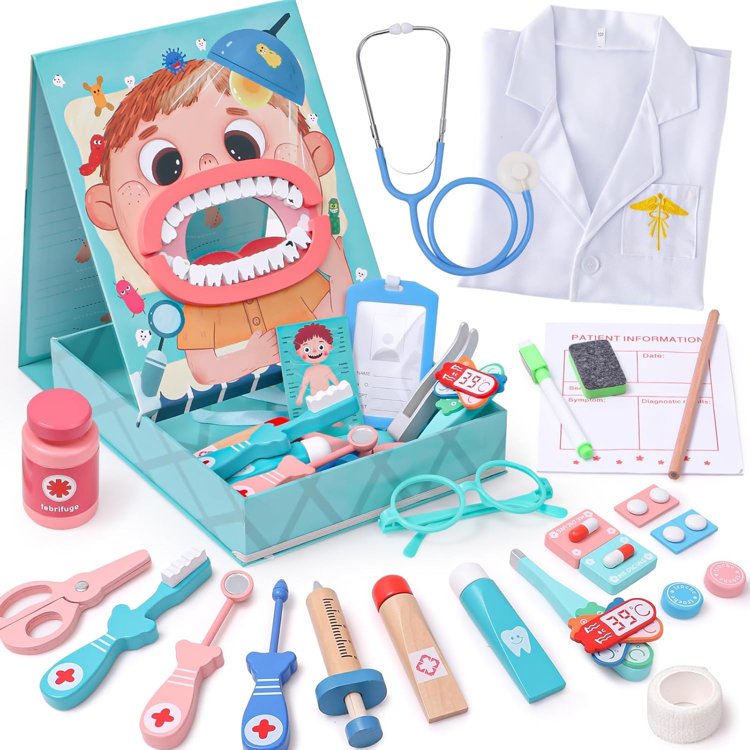 Fidtoy Mallette de docteur en bois 18 pièces, jouet médical pour jeu d'imitation