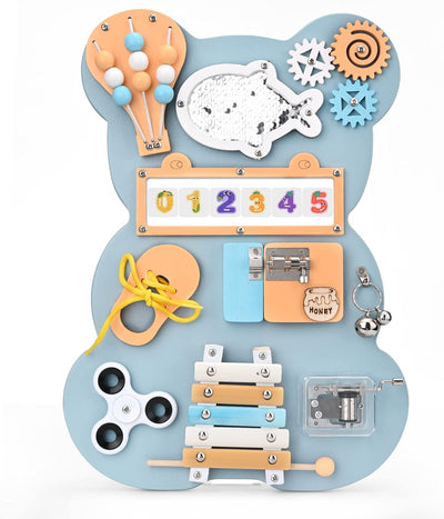 Fidtoy Montessori Busy Board Juguete para Niños Pequeños Tabla de Actividades de Madera con Xilófono Musical Cerraduras Cuentas Juguete de Aprendizaje de Habilidades Motoras Finas Juguete Silencioso de Viaje