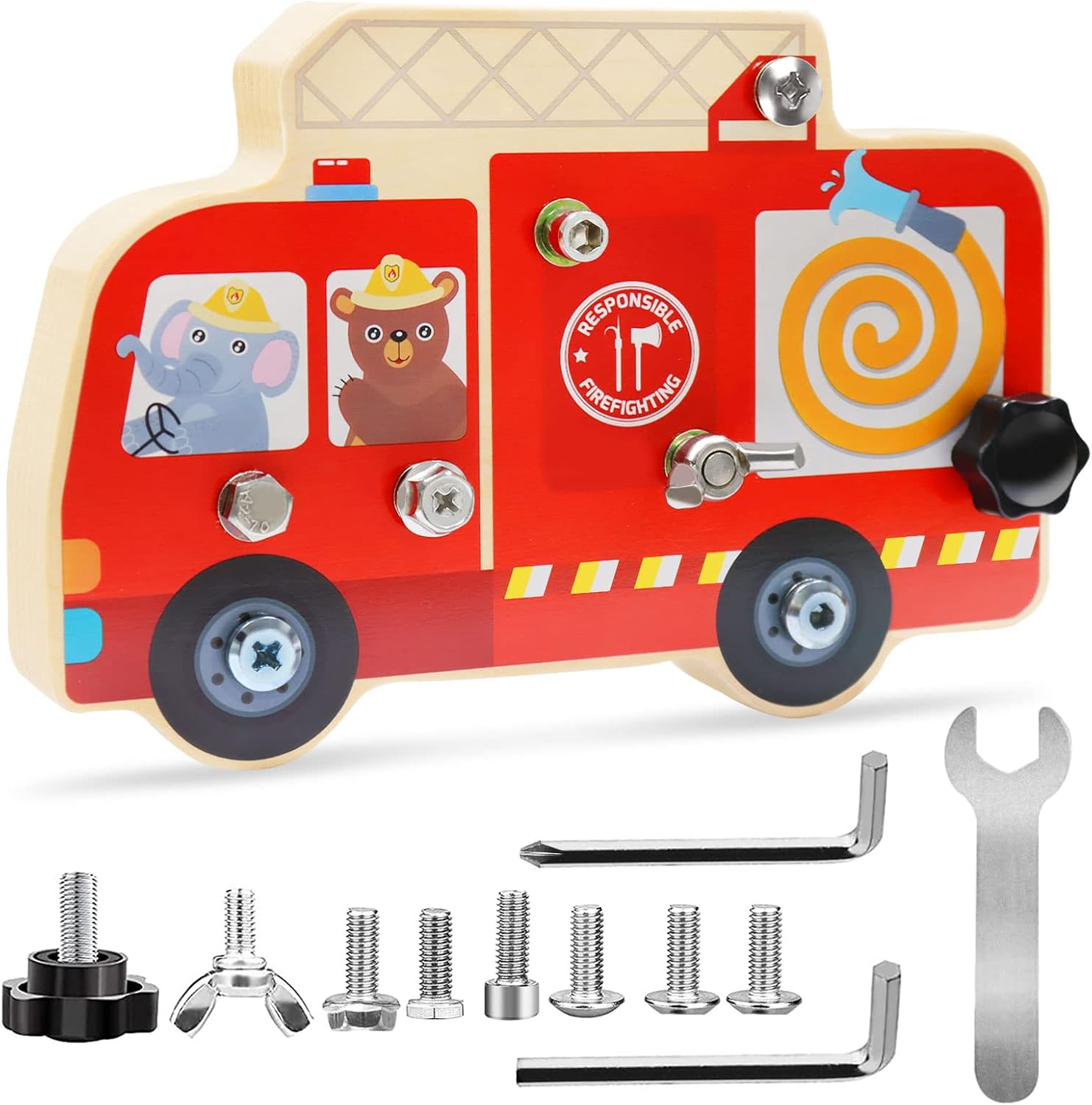 Fidtoy Camion de Pompiers en Bois Montessori à Démonter, Planche à Vis, Jouet Outil de Motricité Fine pour Enfants de 3 Ans et Plus